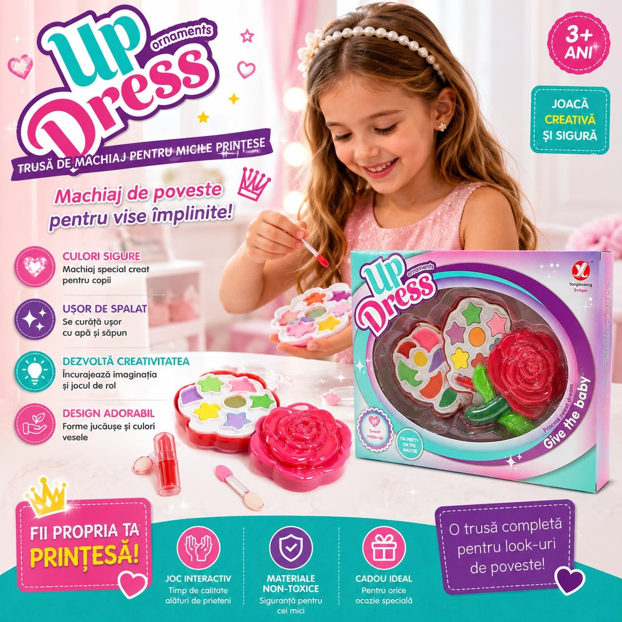 Trusă de Machiaj pentru Copii Up Dress – Set Machiaj Prințesă cu Farduri, Ruj și Accesorii, 3+ Ani