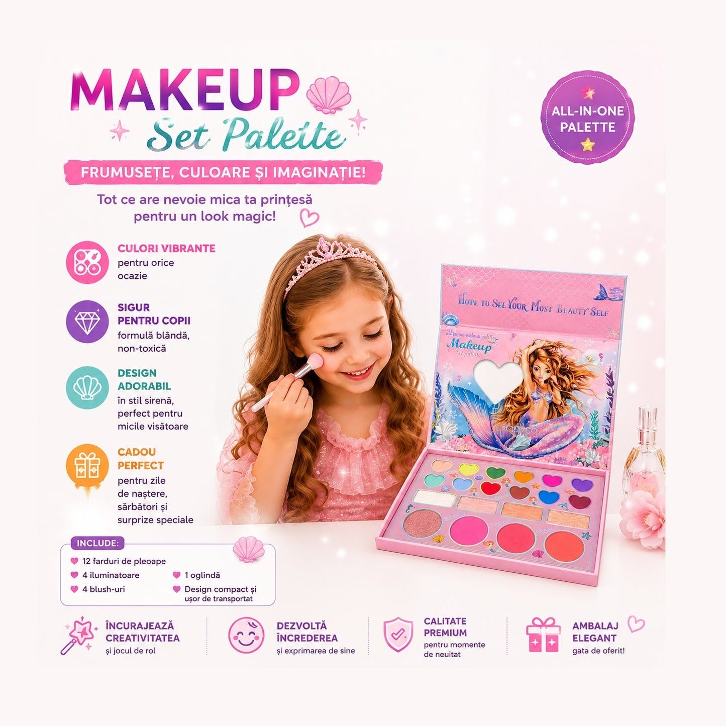 Trusă de Machiaj pentru Fetițe cu Oglindă – Paletă Makeup All-in-One, Farduri, Blush și Iluminator