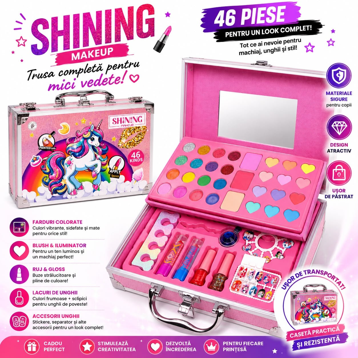Trusă de Machiaj pentru Fetițe în Casetă cu Oglindă – Set Cosmetic 46 Piese, Farduri, Rujuri