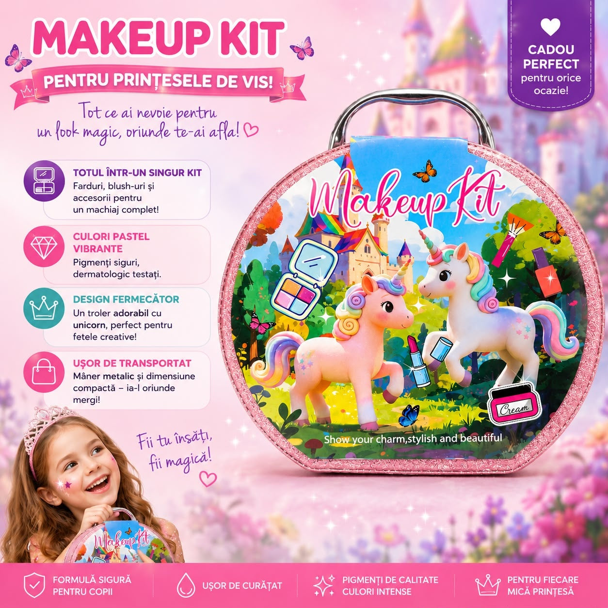 Trusă de Machiaj pentru Fetițe în Geantă Unicorn – Set Makeup cu Farduri și Accesorii