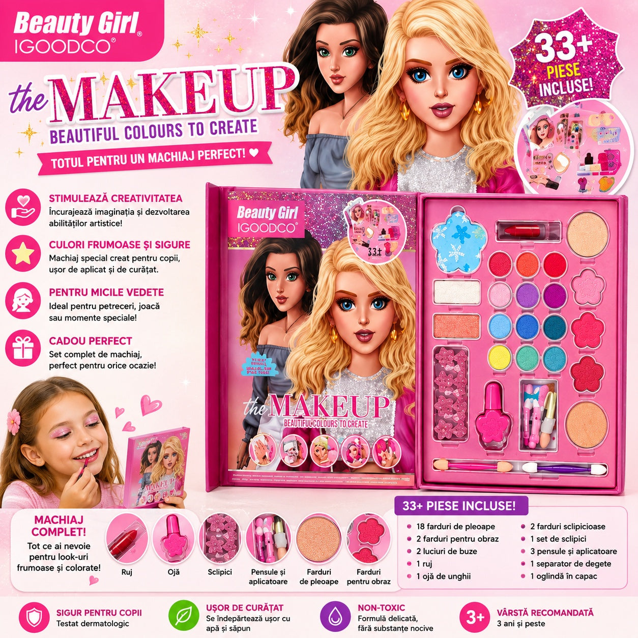 Trusa machiaj pentru fetite, set beauty cu farduri colorate, ruj si accesorii creative