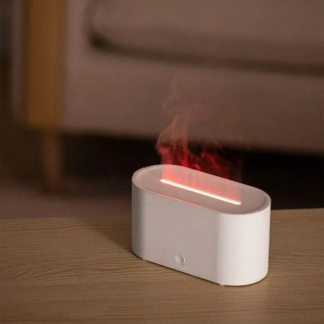 Umidificator aer cu efect flacara LED, difuzor aromaterapie USB, silentios, alb