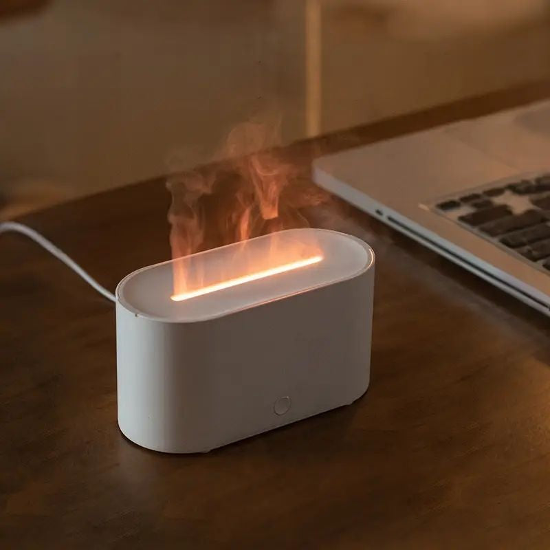 Umidificator aer cu efect flacara LED, difuzor aromaterapie USB, silentios, alb