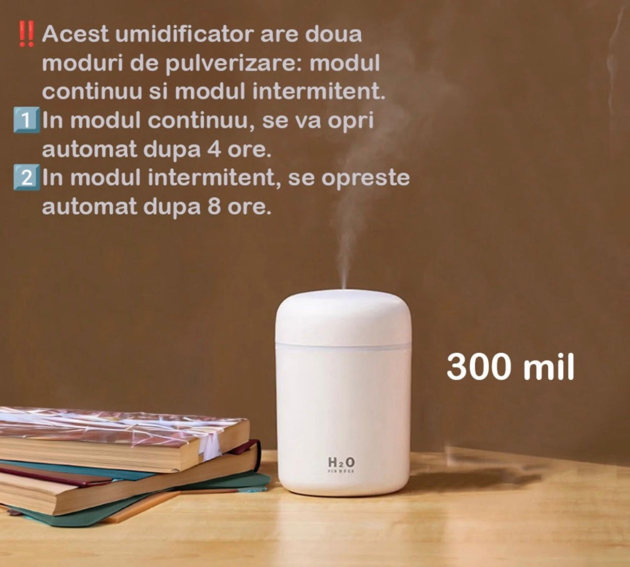 Umidificator Aer si Difuzor Aromaterapie 300ml, LED RGB, 2 Moduri Pulverizare, USB, Alb