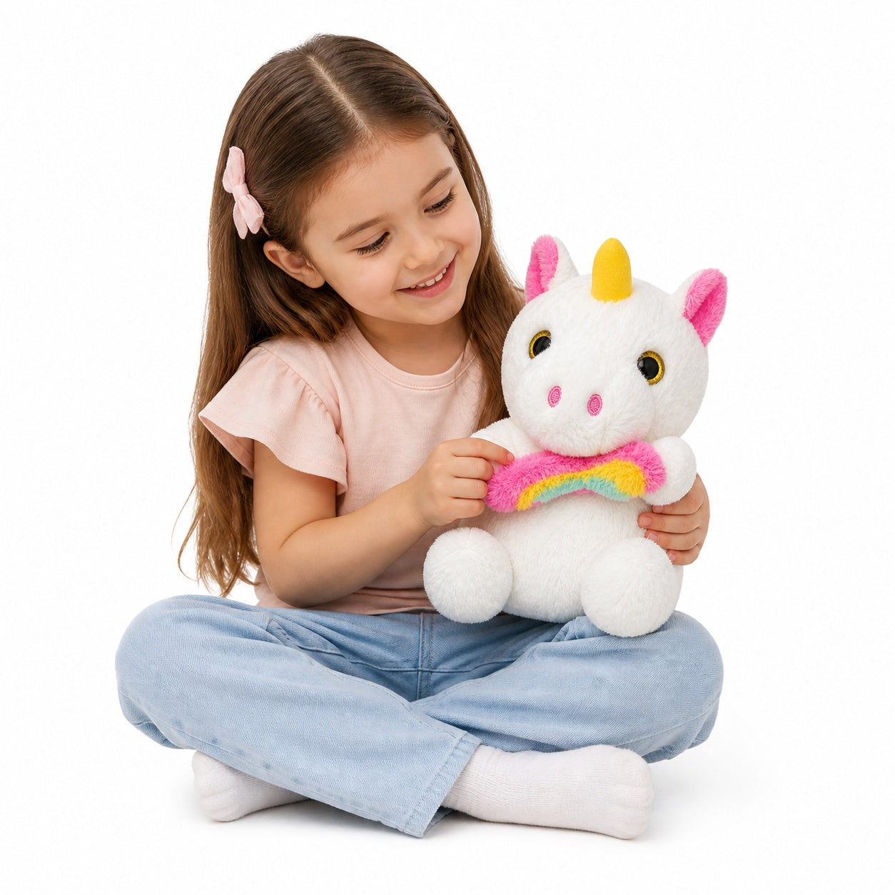 Unicorn de plus 25cm alb cu curcubeu, jucarie moale copii