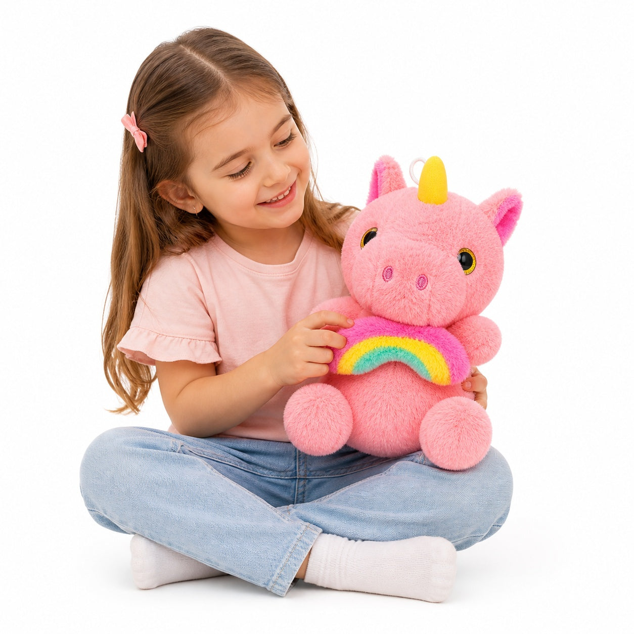 Unicorn de plus 25cm roz cu curcubeu, jucarie moale copii