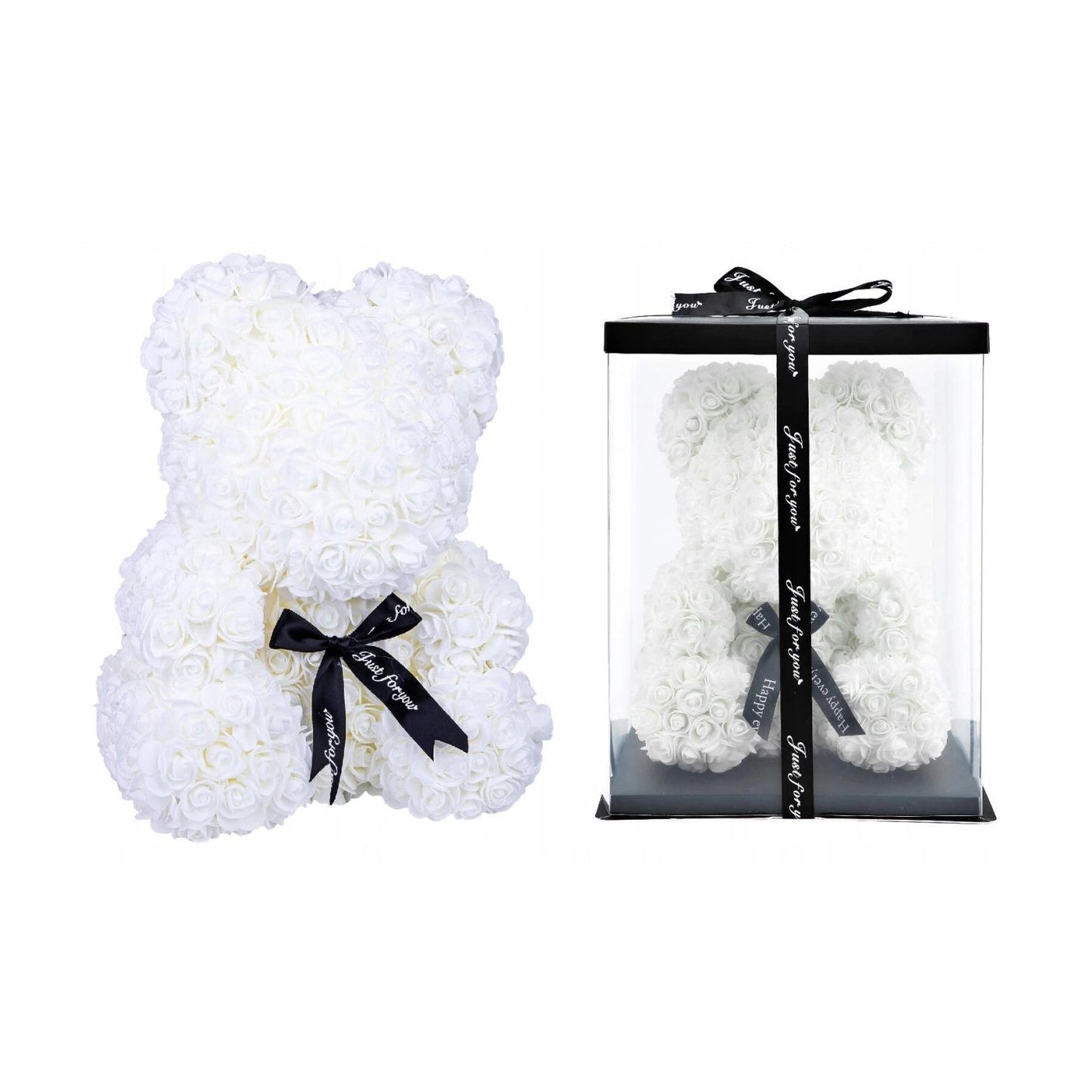 Ursulet decorativ Alb 23cm din trandafiri spuma cu fundita si cutie cadou