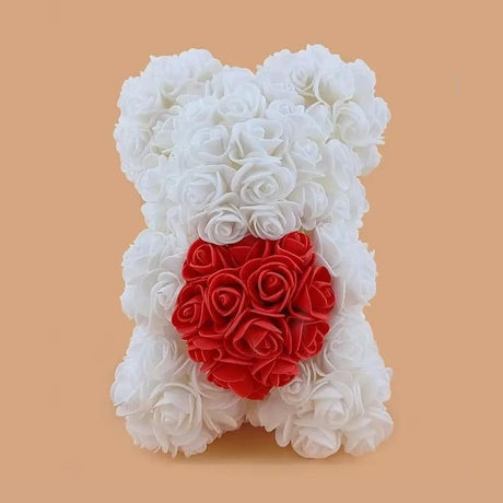 Ursulet decorativ Alb cu inimioara rosie 23cm din trandafiri spuma si cutie cadou cu panglica