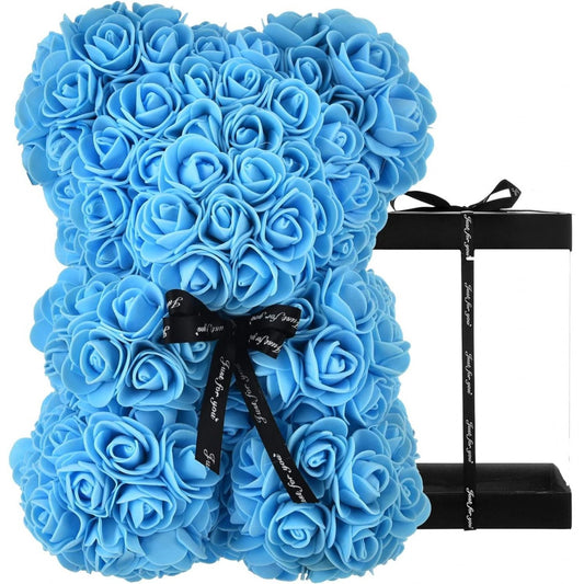 Ursulet decorativ Albastru 23cm din trandafiri spuma cu fundita si cutie cadou