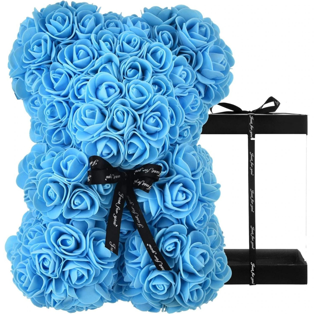 Ursulet decorativ Albastru 23cm din trandafiri spuma cu fundita si cutie cadou