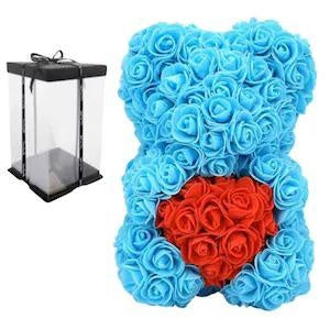 Ursulet decorativ Albastru cu inimioara rosie 23cm din trandafiri spuma si cutie cadou cu panglica - Copie - Copie