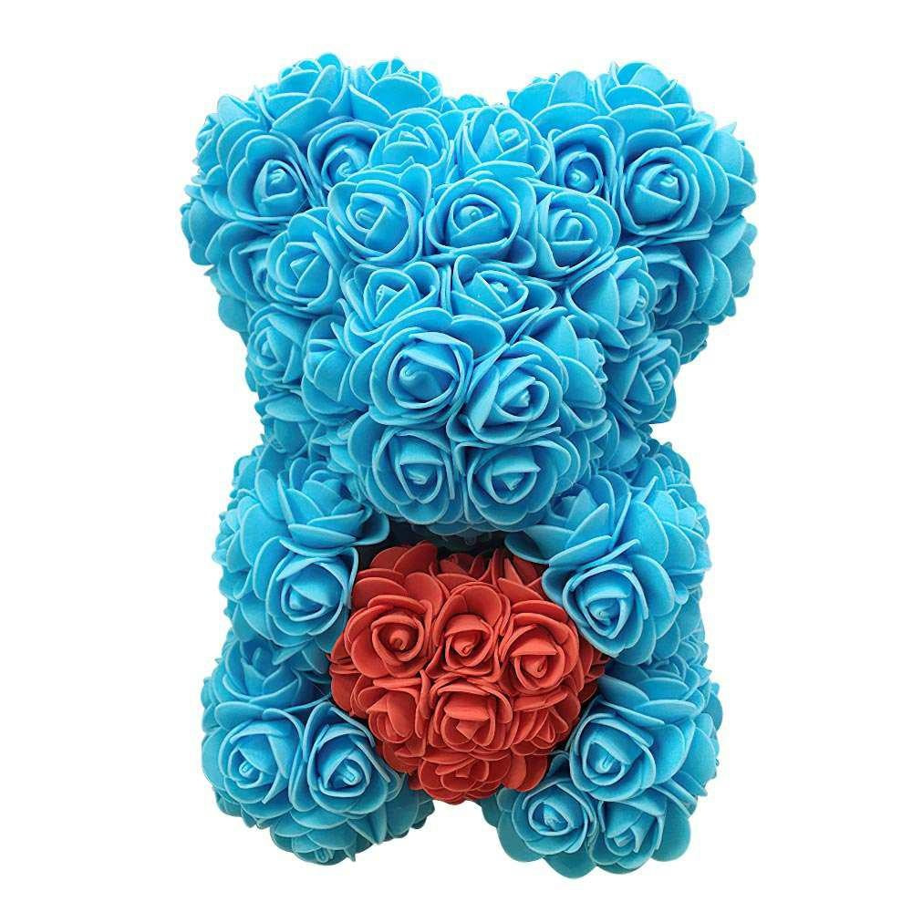 Ursulet decorativ Albastru cu inimioara rosie 23cm din trandafiri spuma si cutie cadou cu panglica - Copie - Copie