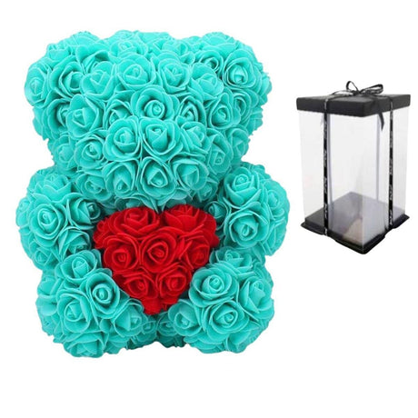 Ursulet decorativ Verde menta cu inimioara rosie 23cm din trandafiri spuma si cutie cadou cu panglica