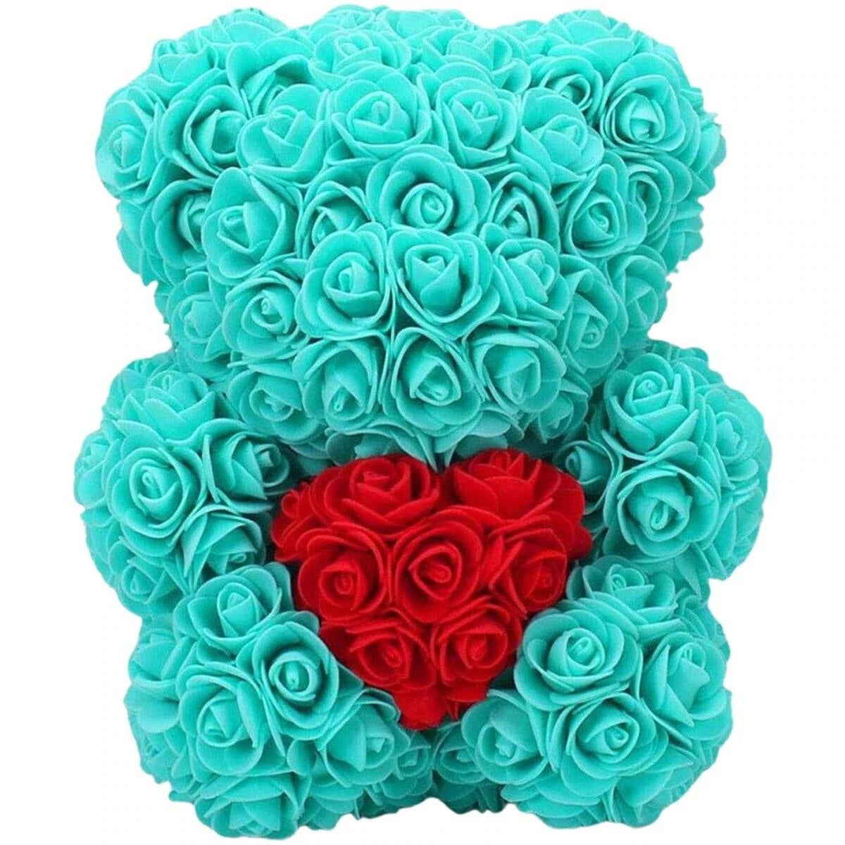 Ursulet decorativ Verde menta cu inimioara rosie 23cm din trandafiri spuma si cutie cadou cu panglica