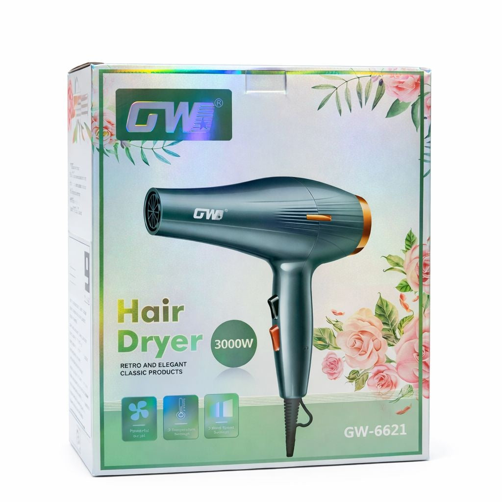 Uscător profesional de păr GW-6621, 3000W, Hair Dryer Professional, Gri cu accente aurii