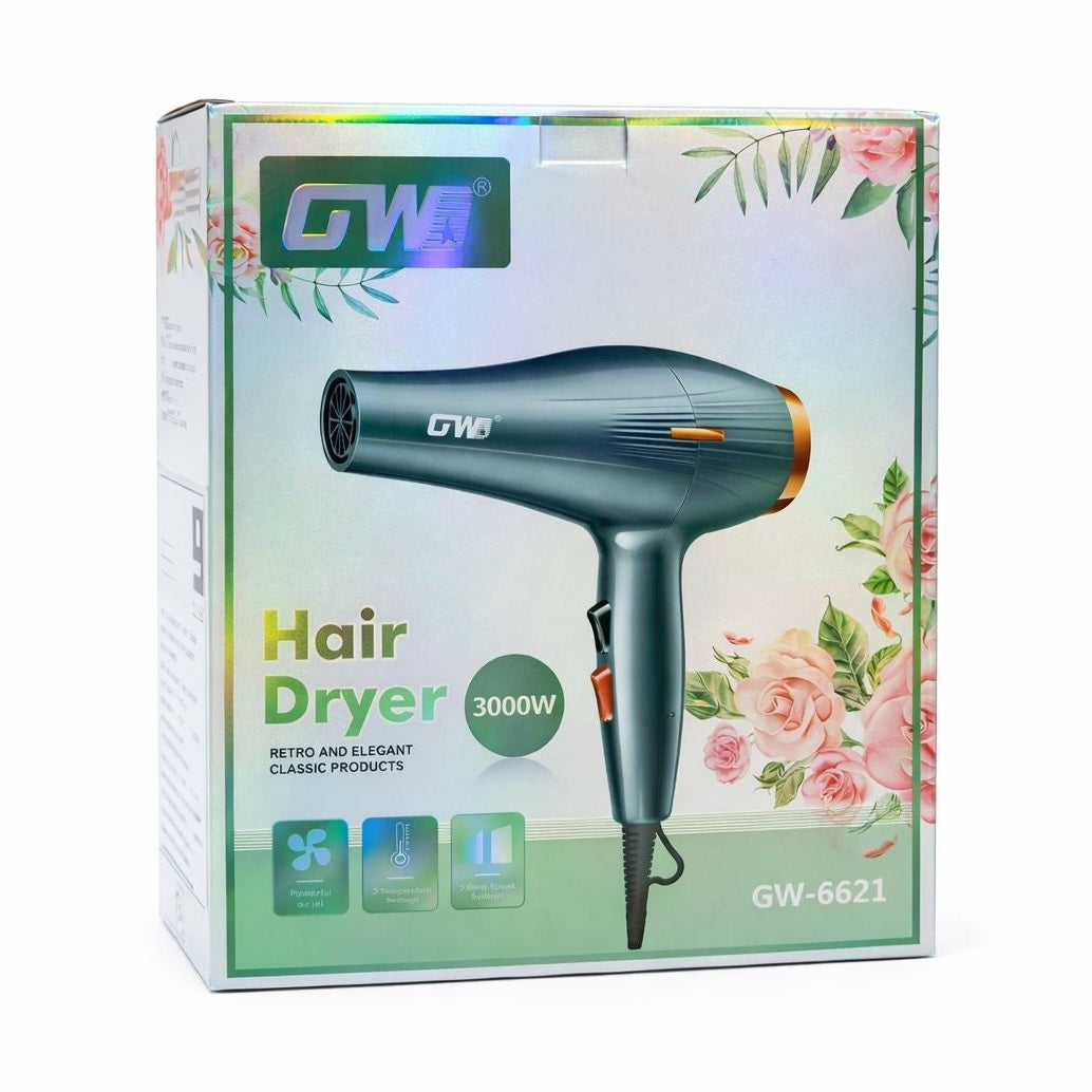 Uscător profesional de păr GW-6621, 3000W, Hair Dryer Professional, Gri cu accente aurii