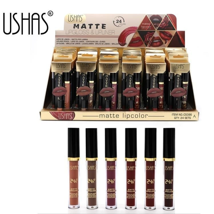USHAS Matte Lip Color Lip Gloss Lipliner , Ruj Mat cu Gloss si Creion pentru Contur Perfect, 2in1