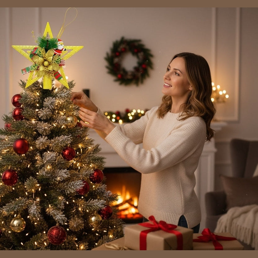 Varf Brad Craciun Stea Aurie cu Poinsettia Glitter si Decor Festiv, 25 cm