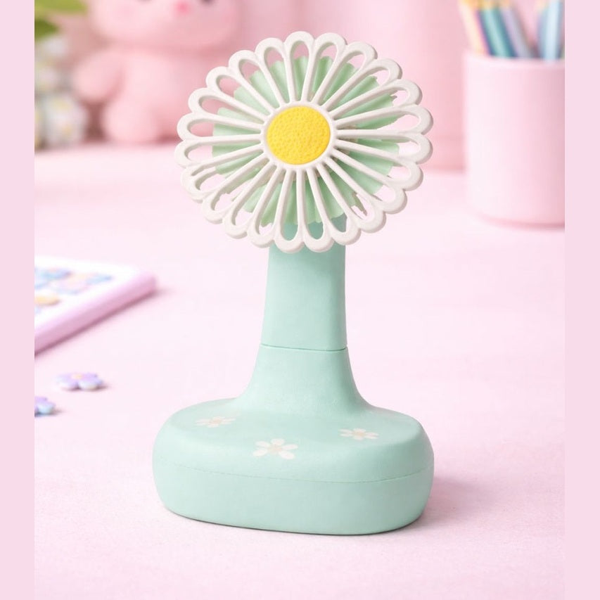 Ventilator birou tip floare margareta, oscilant 90°, 3 viteze, lumina LED, sertar cablu, USB-C, verde