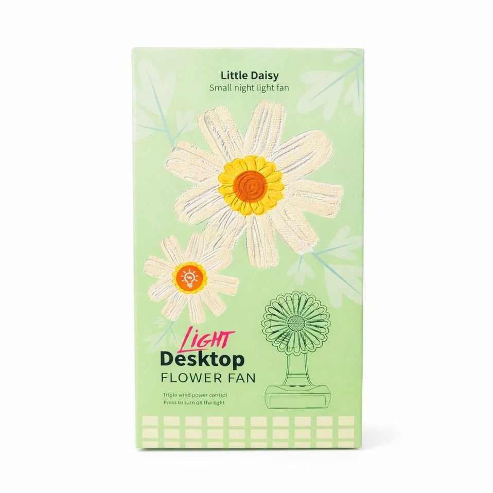 Ventilator birou tip floare margareta, oscilant 90°, 3 viteze, lumina LED, sertar cablu, USB-C, roz