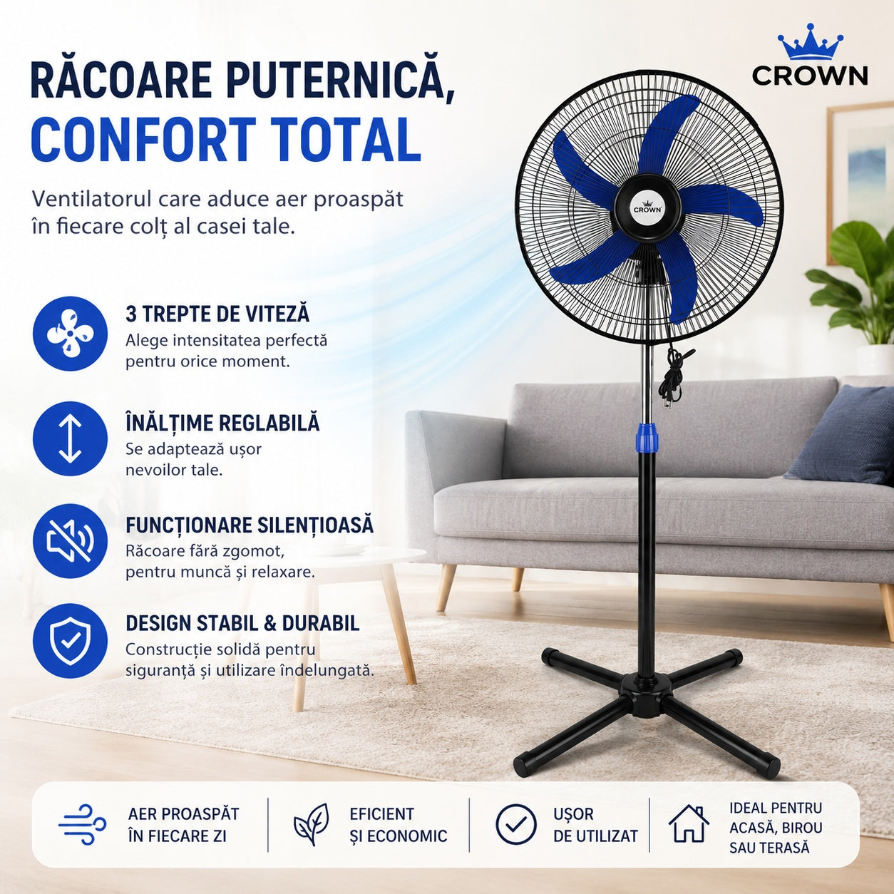 Ventilator cu picior reglabil 55W, 62x17x50,5 cm, 220V, 50Hz, 3 viteze, Funcționare silențioasă