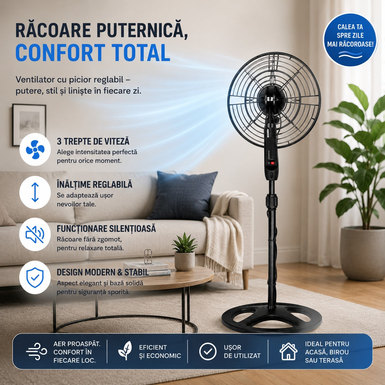 Ventilator cu picior reglabil 61x17x50 cm, 220V, 50Hz, 3 viteze, funcționare silențioasă