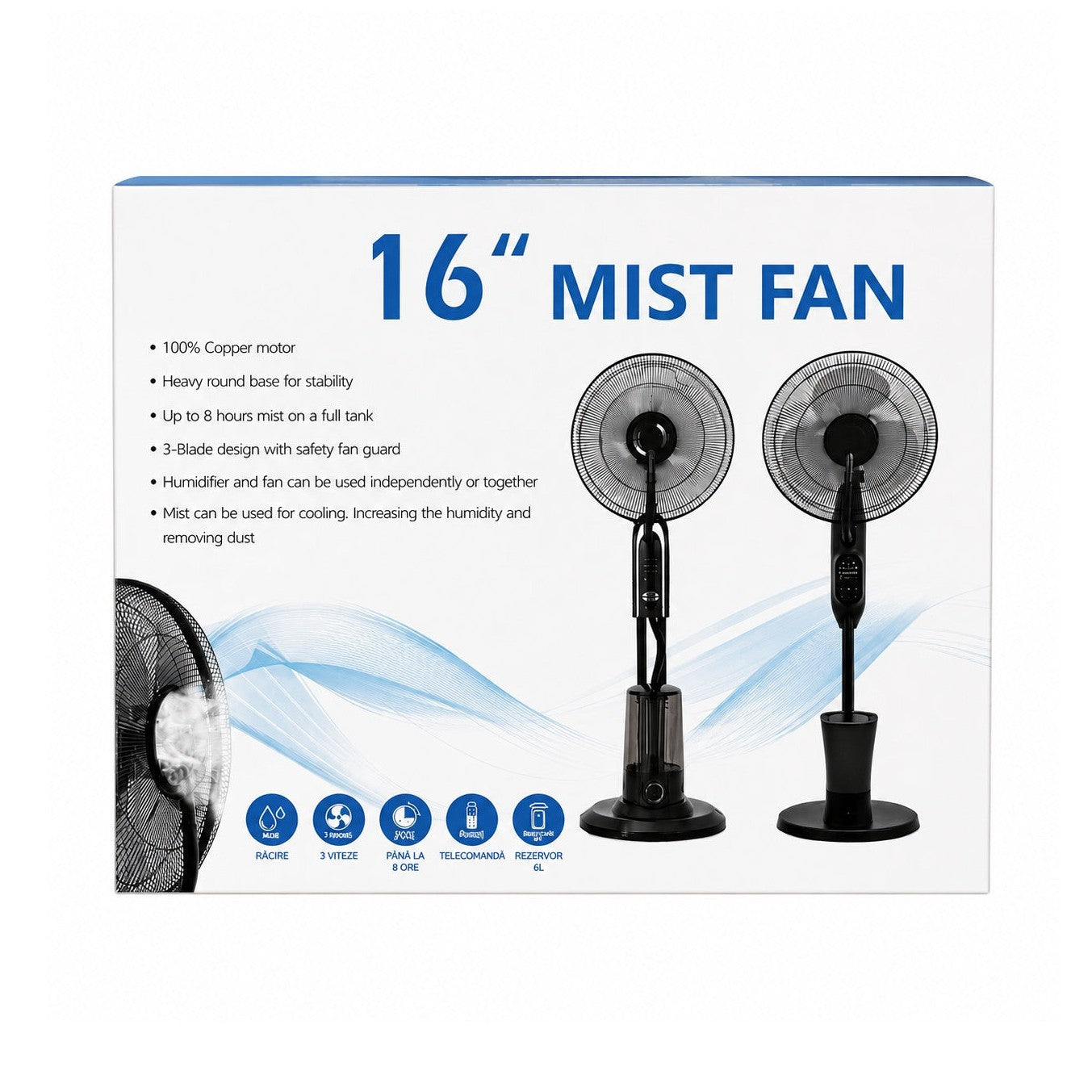 Ventilator cu Umidificator, Negru, 75W, 220V, 3 Viteze, Timer 7.5 Ore, Oscilație 70°