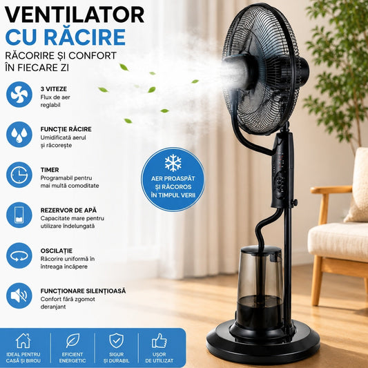 Ventilator cu Umidificator și Funcție de Răcire, Negru, 60 x 25.5 x 46 cm, 3 Viteze, 3 Lame, 220V