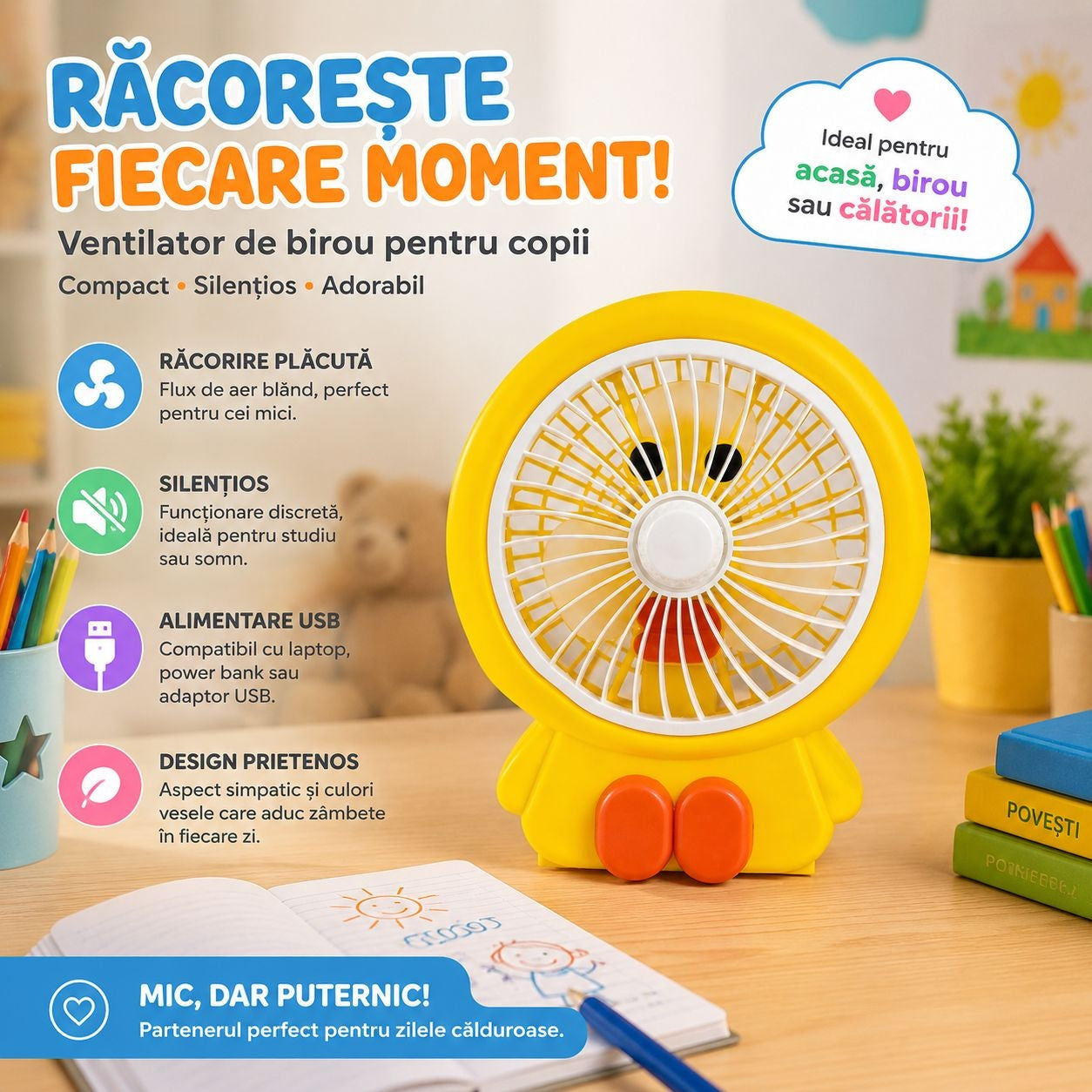 Ventilator de Birou 30 cm, 20W, Galben, Alimentare USB, Silențios, Design Adorabil pentru Copii