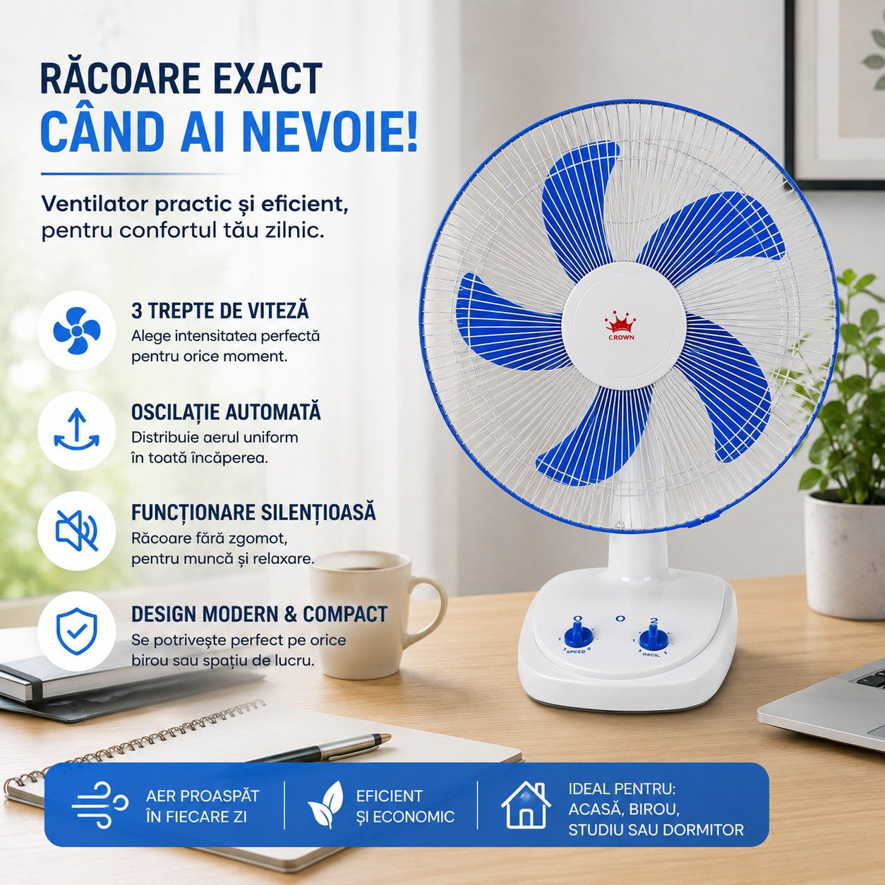 Ventilator de birou 40 cm, 60W, 220V, 50Hz, Oscilație automată, 3 viteze, Funcționare silențioasă