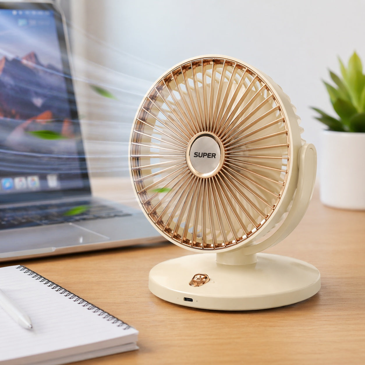Ventilator de birou reincarcabil crem design compact elegant