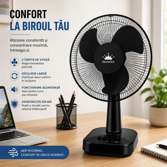 Ventilator de masa 16 inch 40cm, 3 viteze, oscilatie, silentios, 60W, Negru