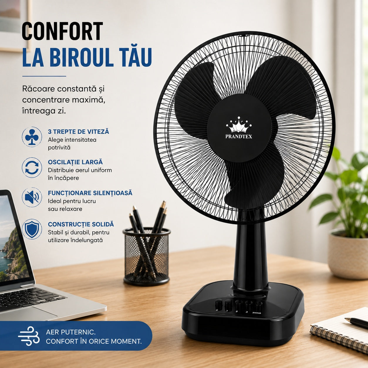 Ventilator de masa 16 inch 40cm, 3 viteze, oscilatie, silentios, 60W, Negru