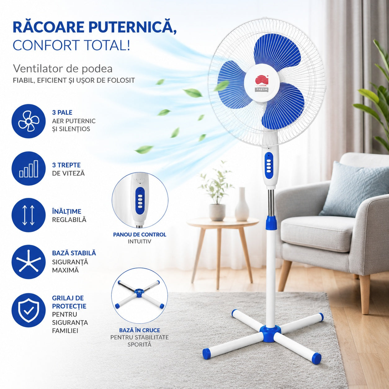 Ventilator de Podea Alb cu Albastru, Înălțime Reglabilă, 3 Viteze, Oscilație, Silențios și Economic