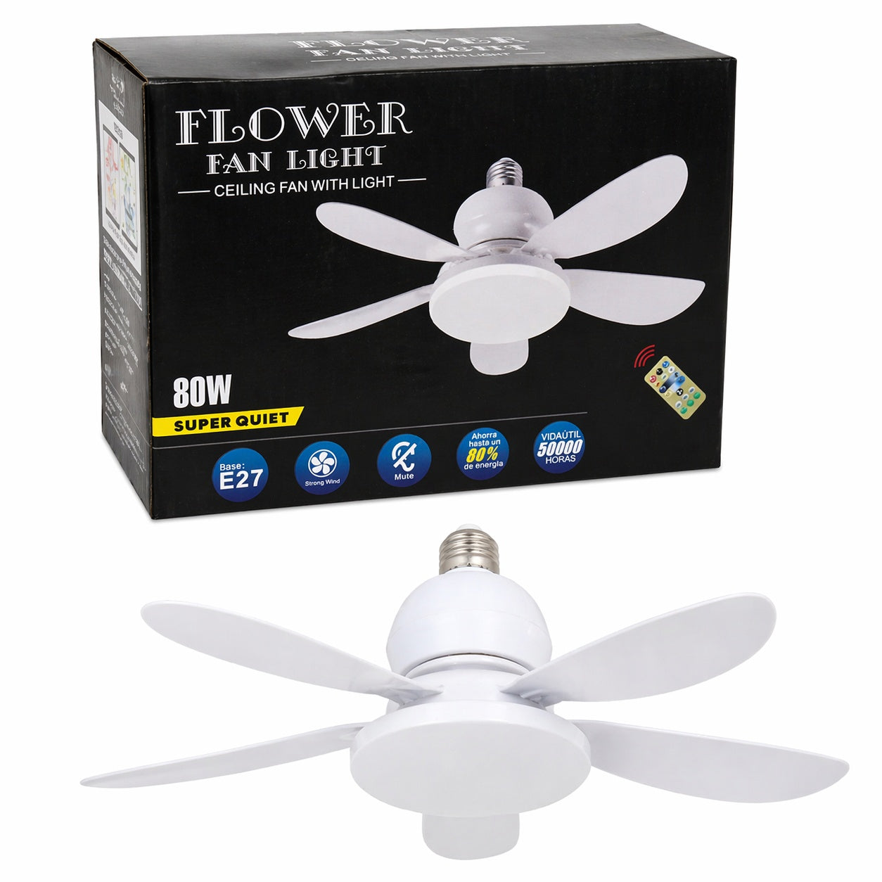 Ventilator plafon cu bec LED E27 80W, telecomandă, silențios, model Flower