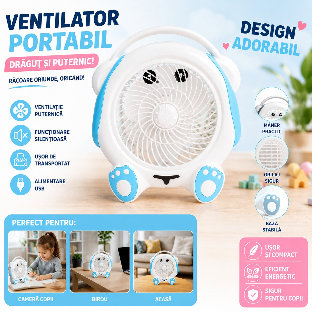 Ventilator Portabil 30 cm Alb cu Albastru – Design Drăguț, Silențios, 25W