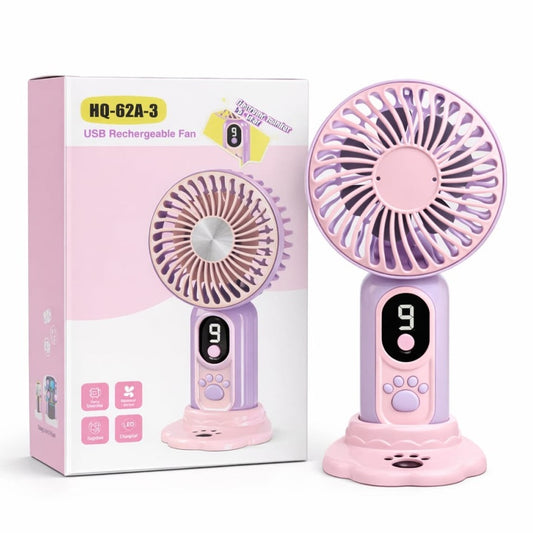 Ventilator portabil cu design labuta animalut, 9 viteze, display digital, suport inclus, mov cu roz