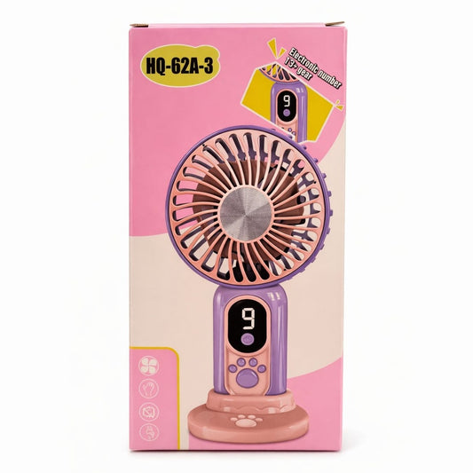 Ventilator portabil cu design labuta animalut, 9 viteze, display digital, suport inclus, mov roz