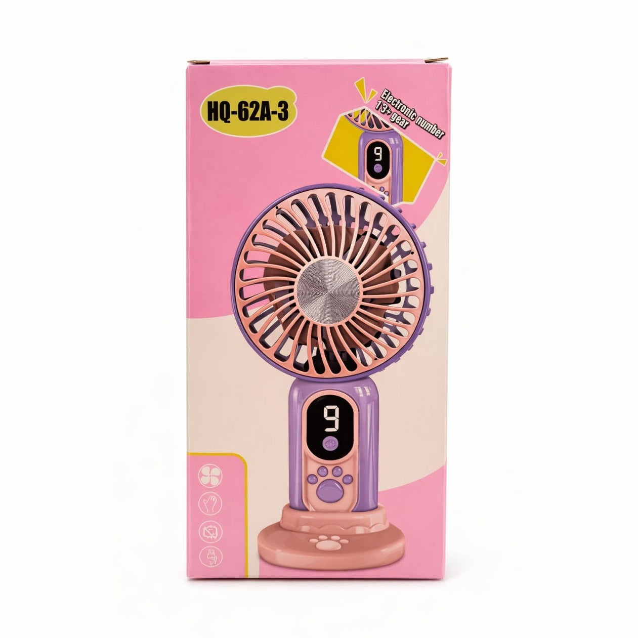 Ventilator portabil cu design labuta animalut, 9 viteze, display digital, suport inclus, mov roz