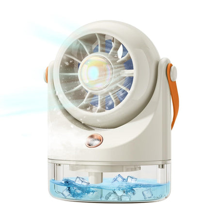 Ventilator portabil cu pulverizare apa si rezervor, 3 trepte viteza, LED, USB, crem