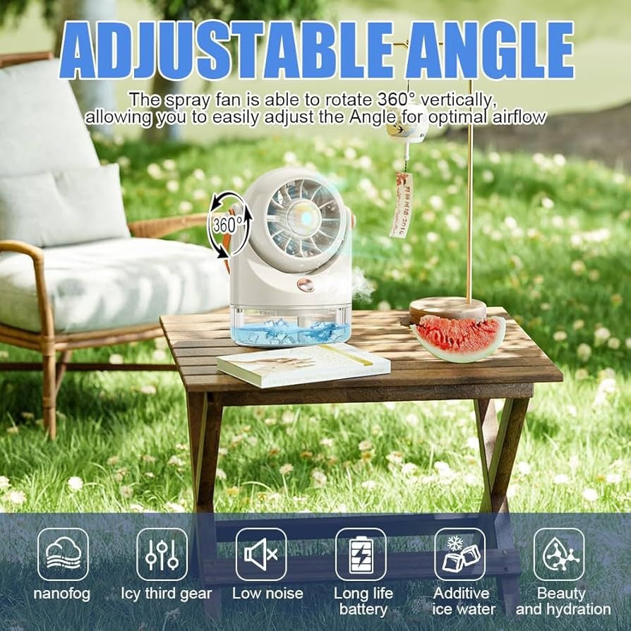 Ventilator portabil cu pulverizare apa si rezervor, 3 trepte viteza, lumina LED, USB, mov
