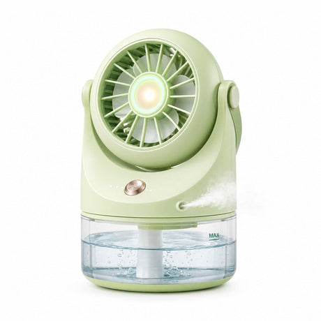 Ventilator portabil cu pulverizare apa si rezervor, 3 trepte viteza, lumina LED, USB, verde
