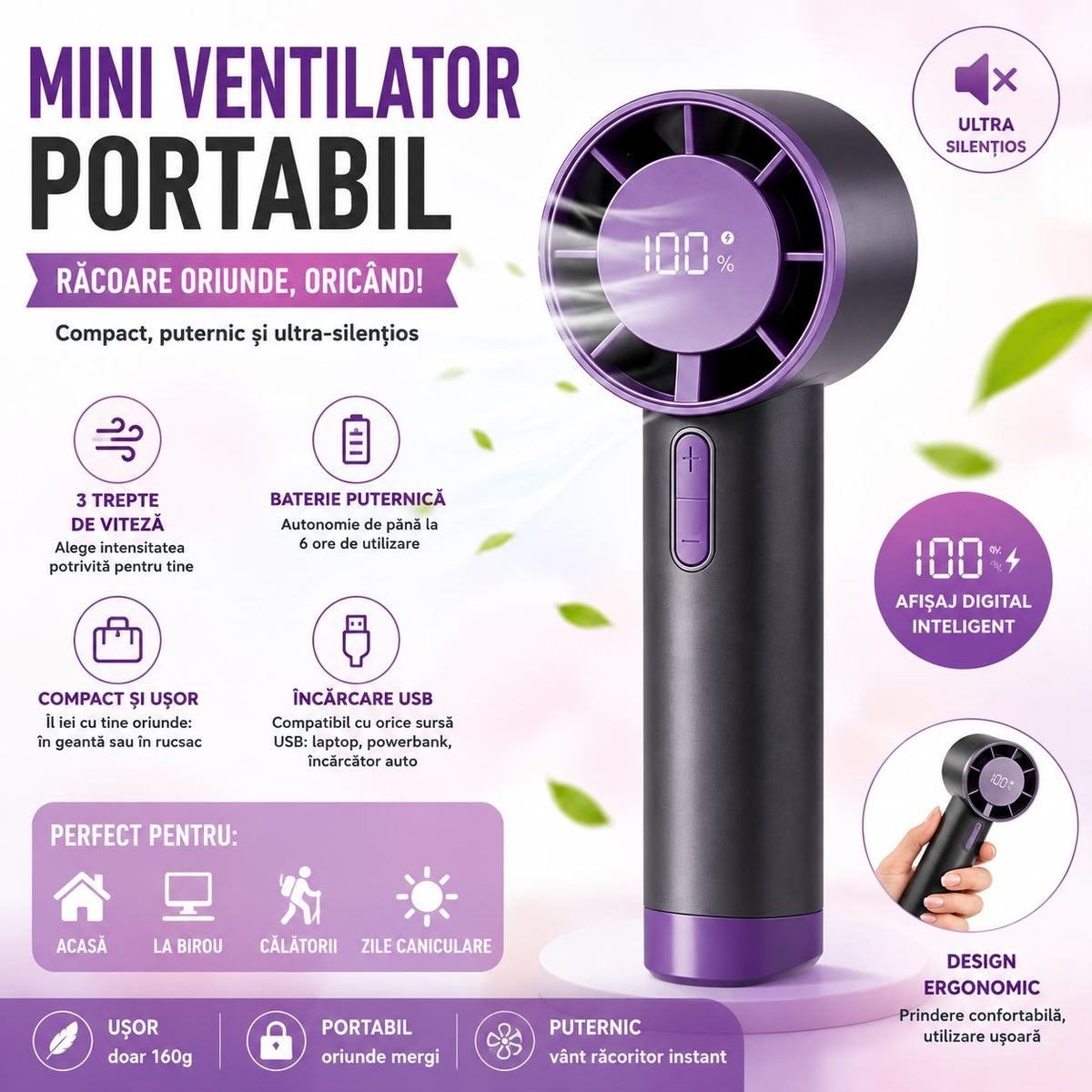 Ventilator Portabil de Mână cu Afișaj Digital LED – Reîncărcabil USB, 3 Trepte de Viteză, Ultra Silențios