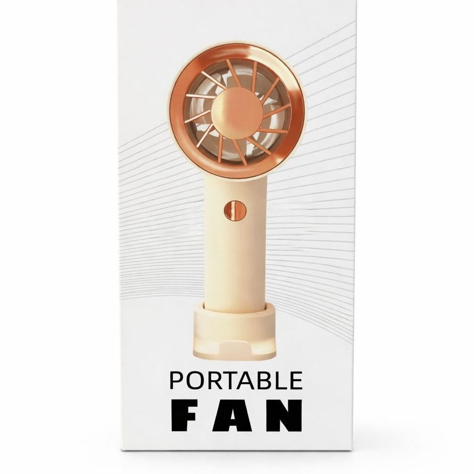 Ventilator portabil elegant, 3 viteze, USB-C, cu snur si suport inclus, crem cu auriu