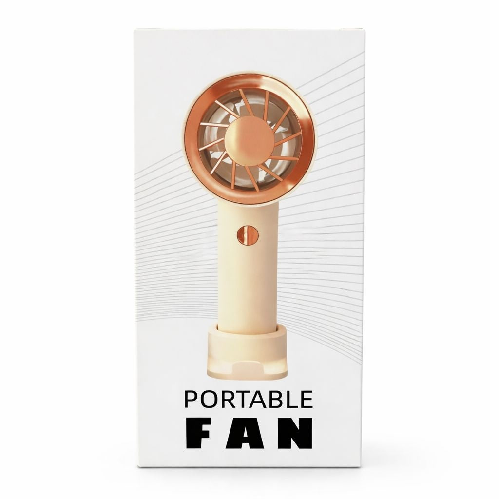 Ventilator portabil elegant, 3 viteze, USB-C, cu snur si suport inclus, crem cu auriu