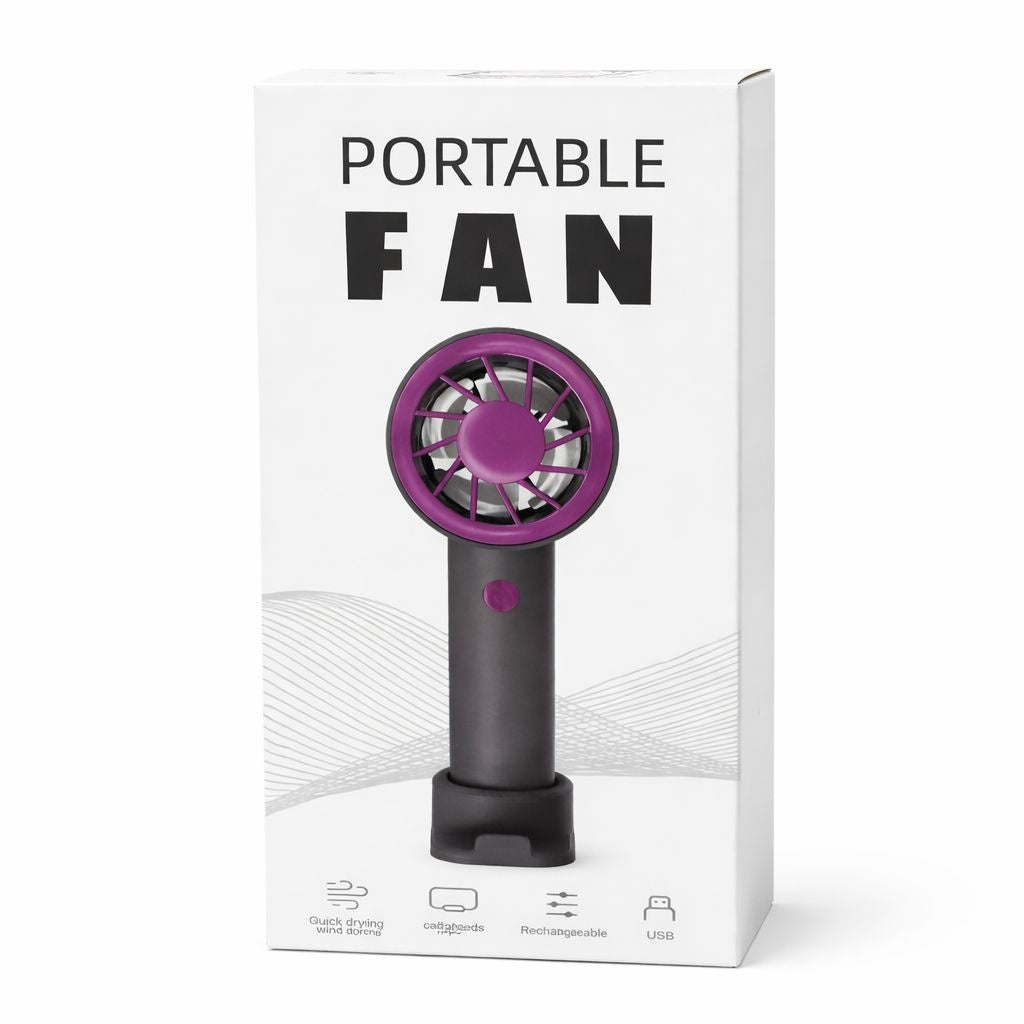 Ventilator portabil elegant, 3 viteze, USB-C, cu snur si suport inclus, gri cu mov