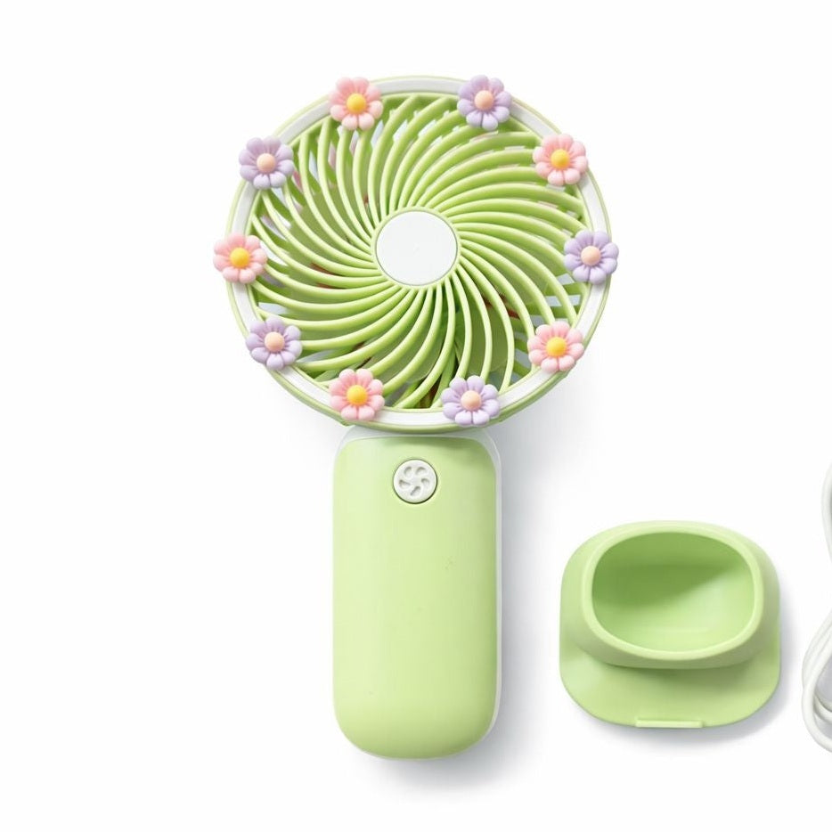 Ventilator portabil mini cu suport, USB, 3 viteze, compact si silentios, verde