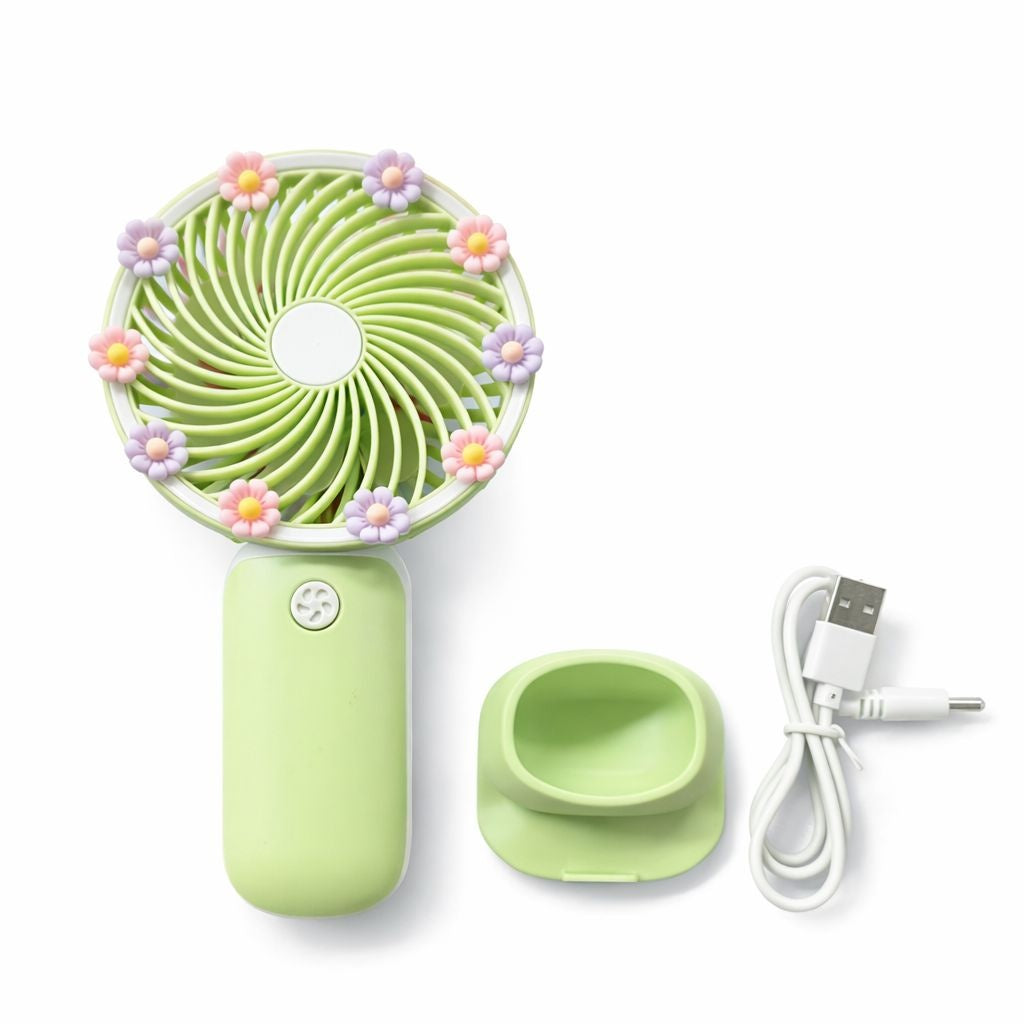 Ventilator portabil mini cu suport, USB, 3 viteze, compact si silentios, verde
