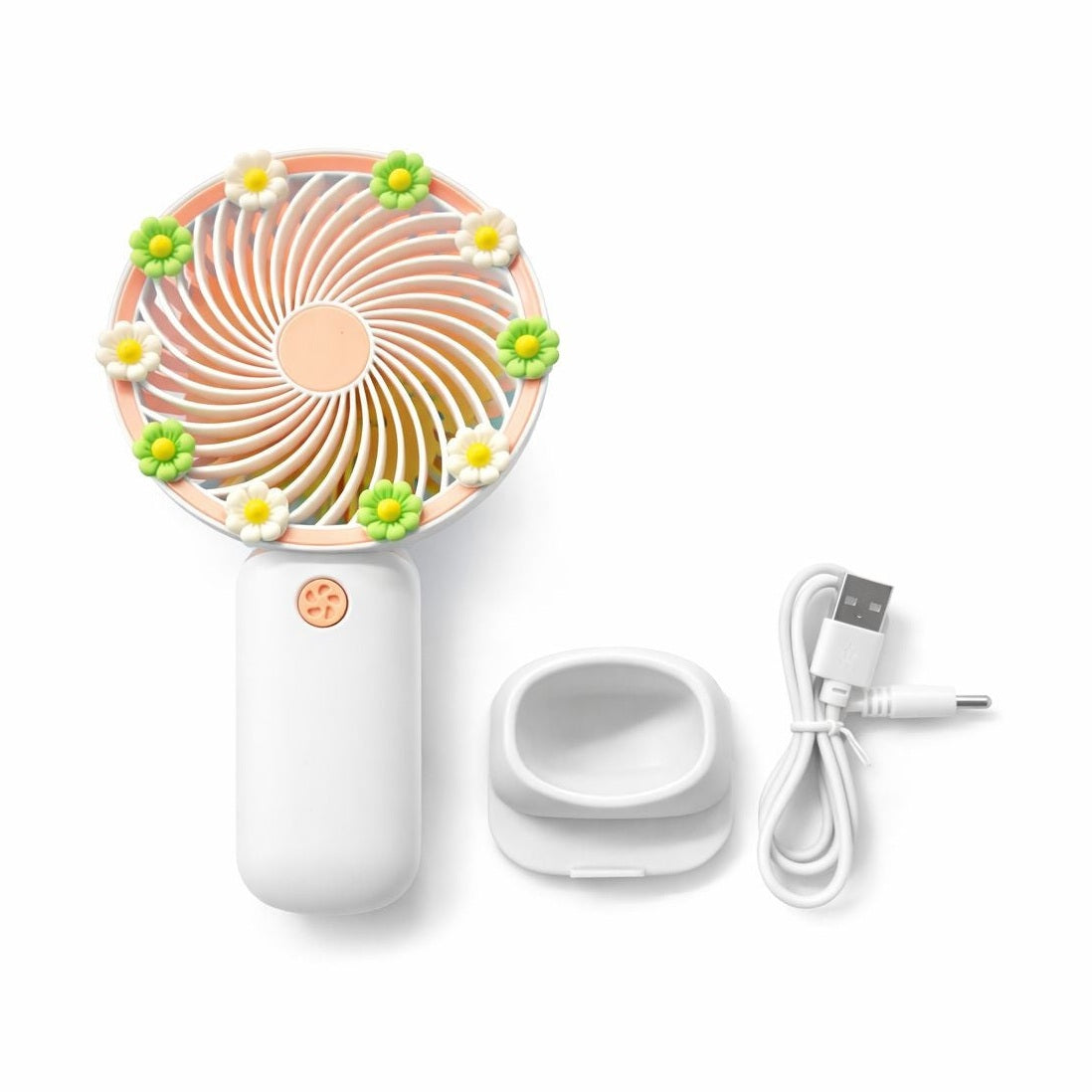 Ventilator portabil mini cu suport, USB, 3 viteze, design floral, alb