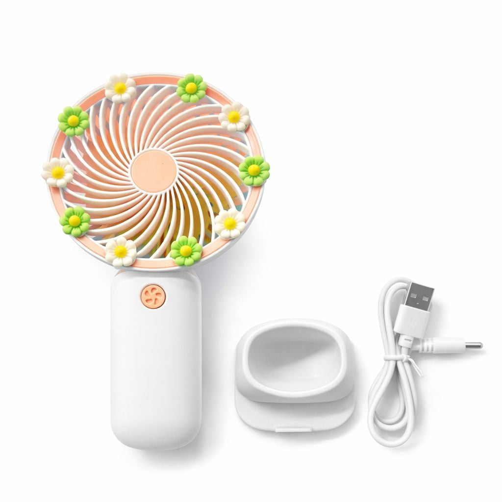 Ventilator portabil mini cu suport, USB, 3 viteze, design floral, alb